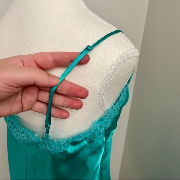 Vintage Y2K La Senza Satin Babydoll Slip Dress Lace Trim Turquoise Size Medium - Picture 4 of 7